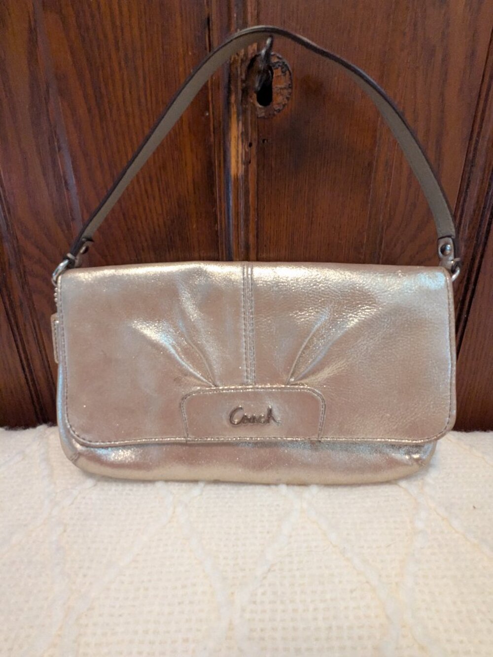 Coach Gold Leather Wristlet Clutch Wallet Silver Hardware